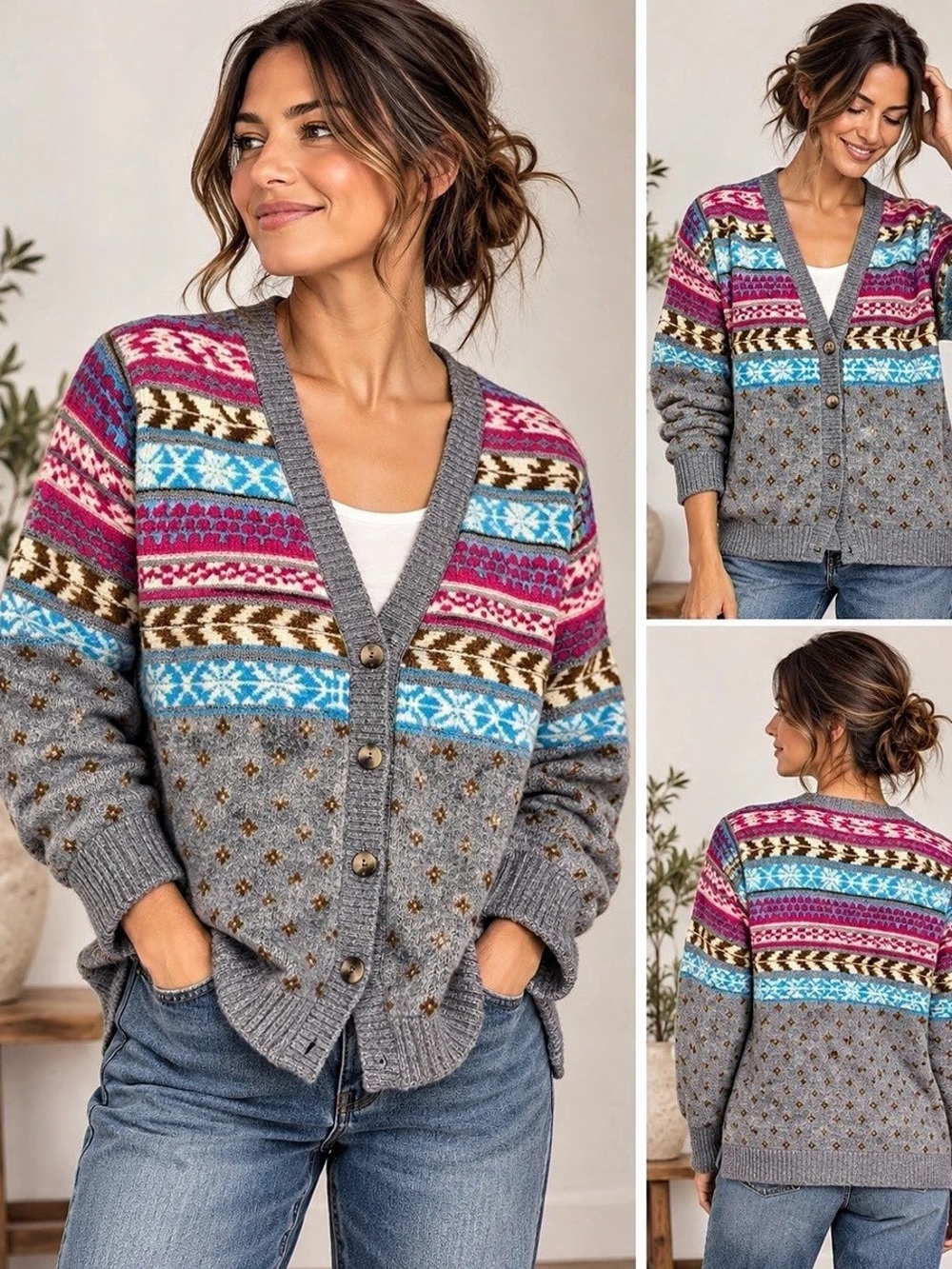 Lucky Brand XL Fair Isle Cardigan Gray Pink Blue Nordic Wool Blend Sweater NWOT
